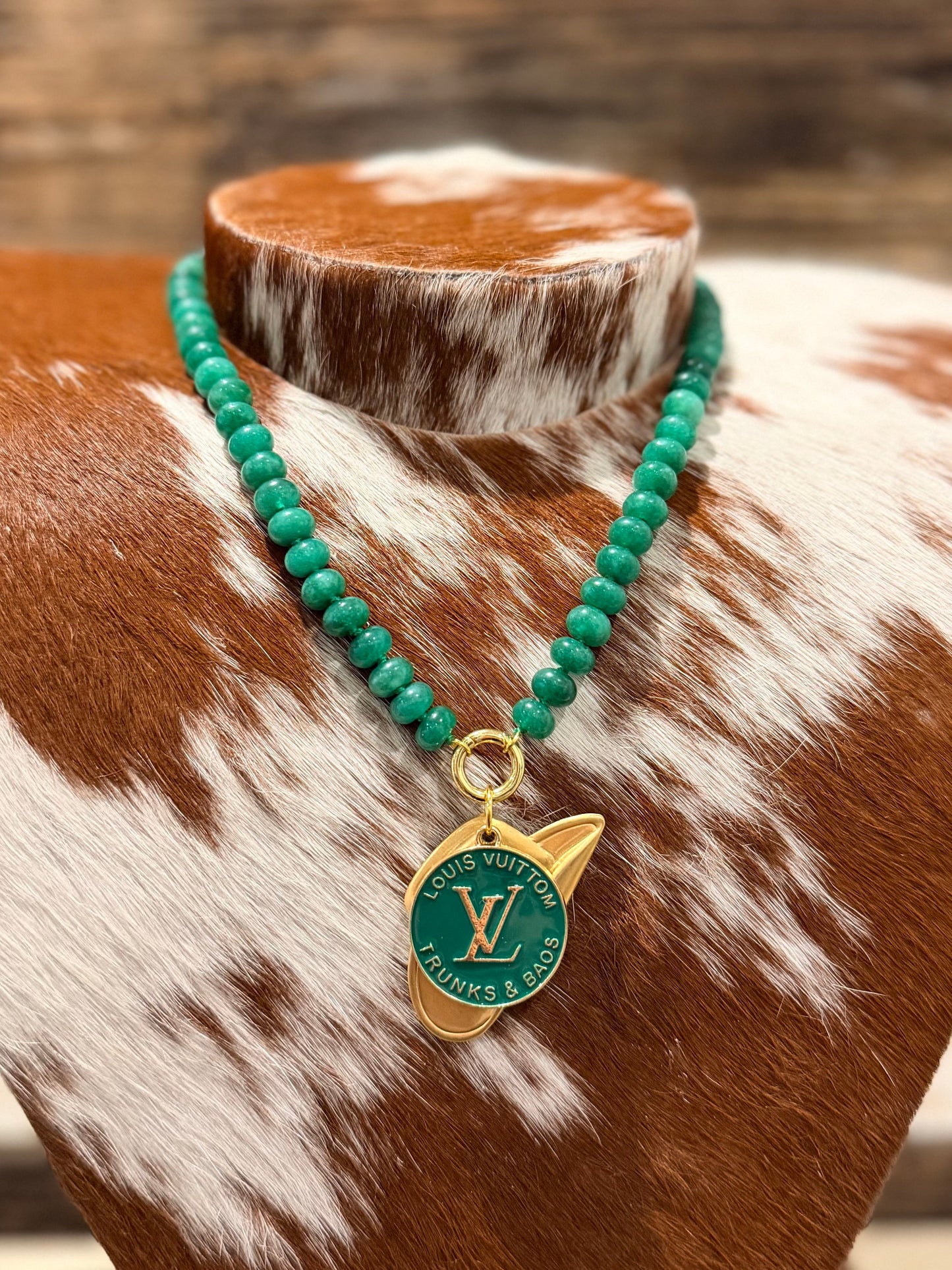 Green + Gold Designer - Glass Bead Charm Necklace