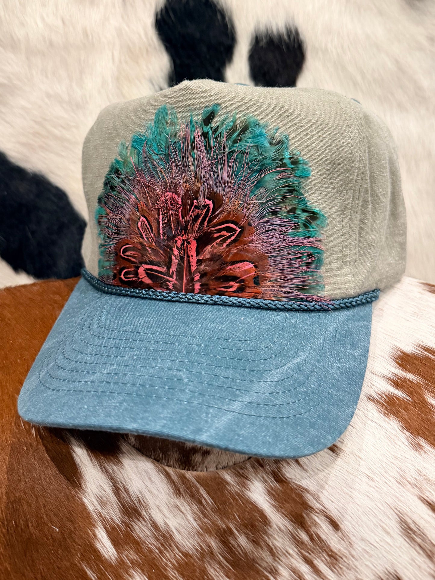 Pink + Teal Feather Hat