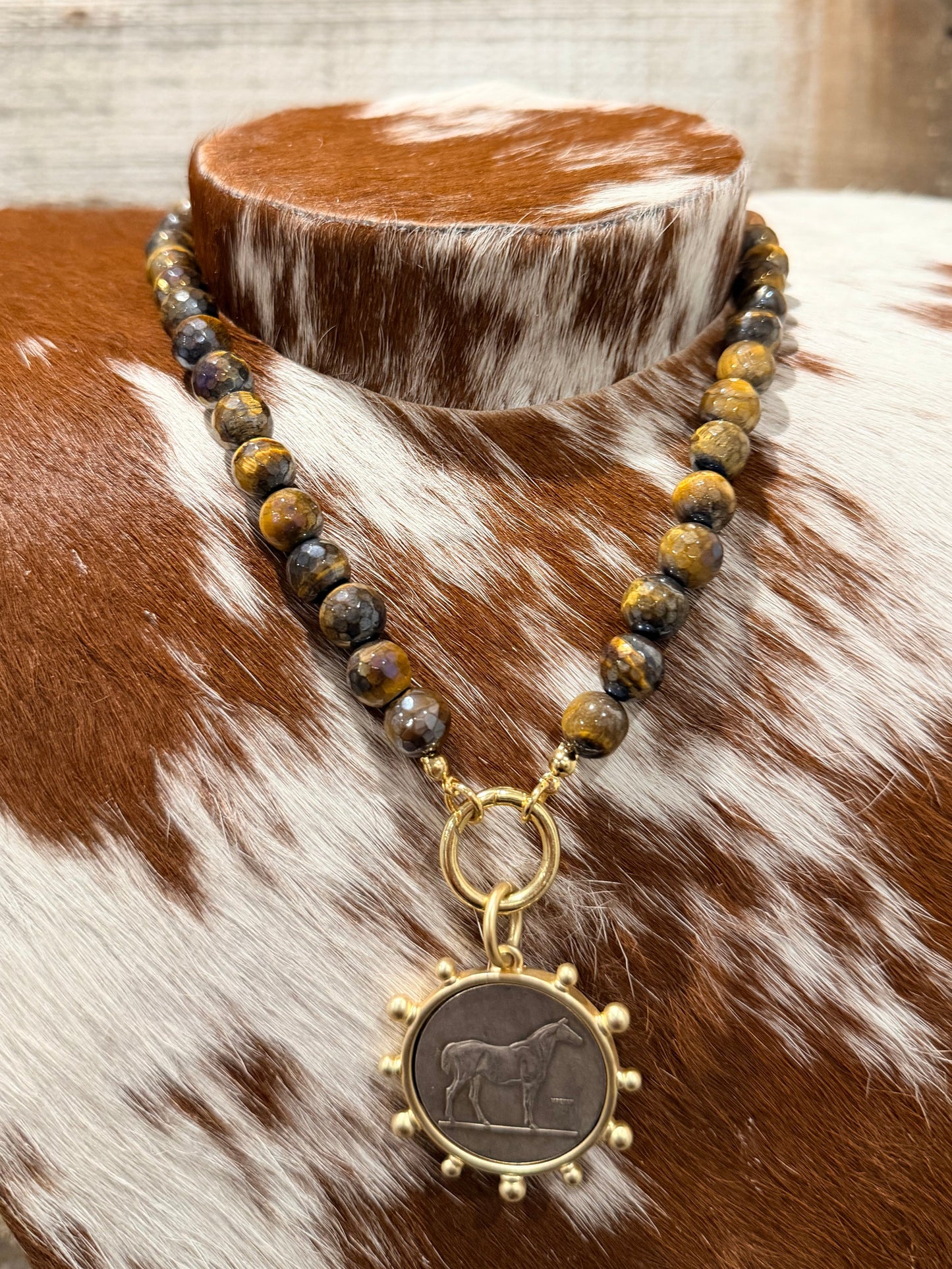 Iridescent Mocha Glass Bead Charm Necklace - Mixed Metal Horse Pendant