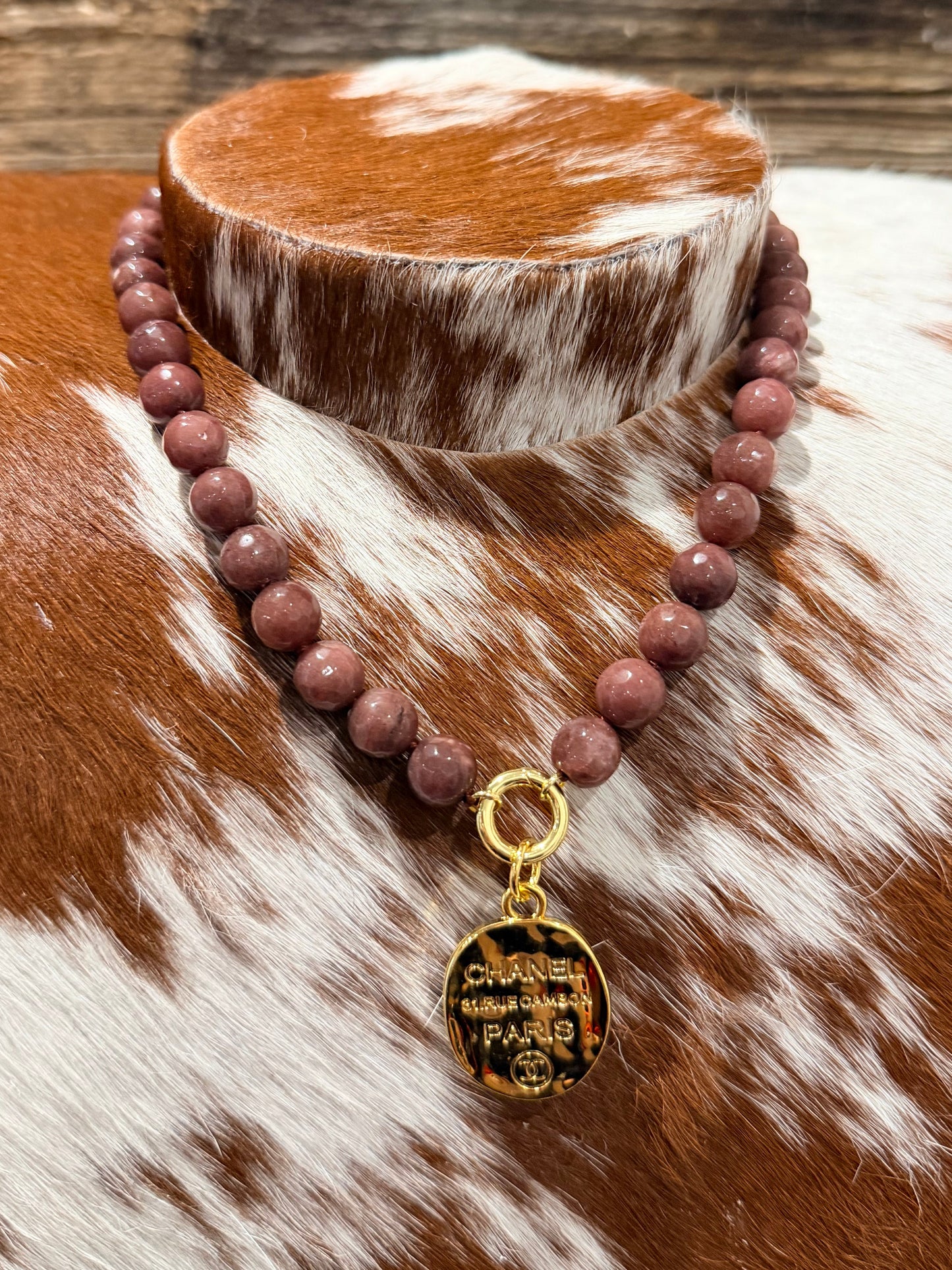 Brown + Designer Gold - Glass Bead Charm Necklace