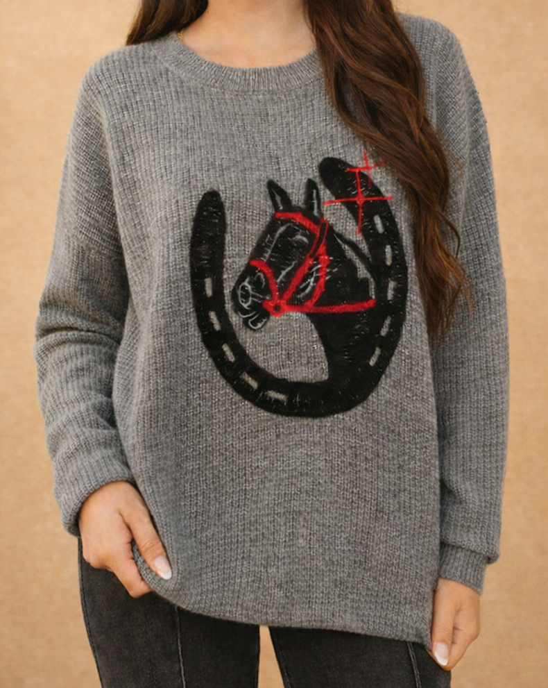 Vintage Grey Horse Head/Horseshoe Sweater