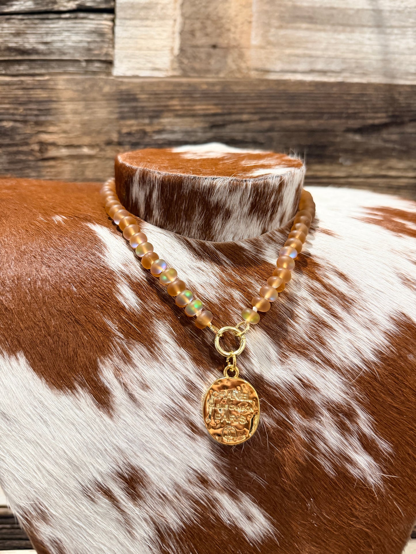 Iridescent Beige + Designer - Glass Bead Charm Necklace