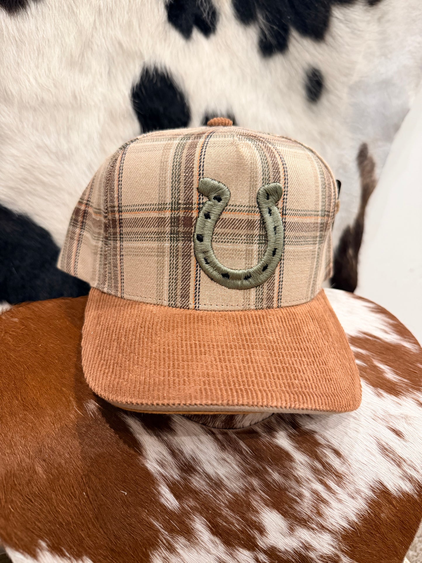 Olive and Tan Plaid Horseshoe Hat