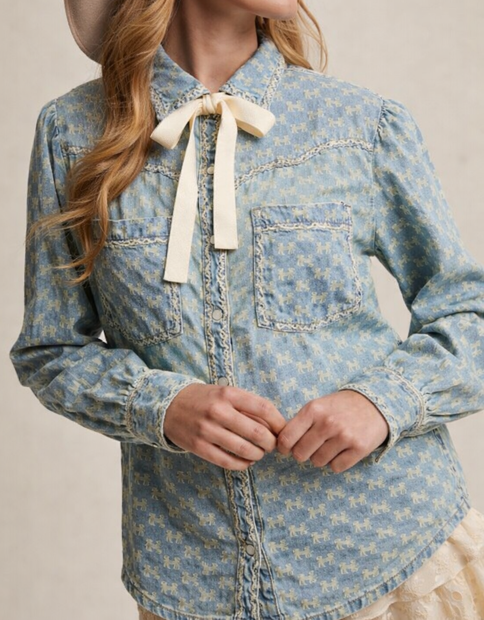 Bow Button Down Denim Shirt