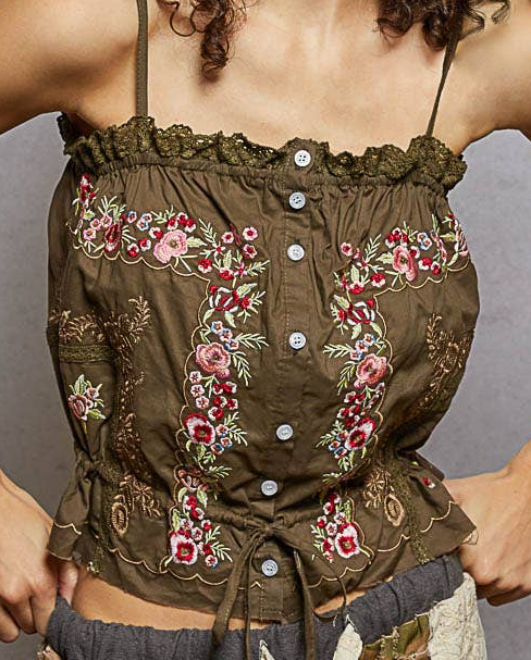 Brown Embroidered Poplin Top