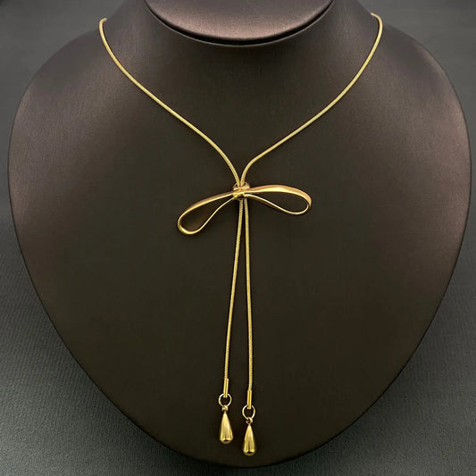Bow 18K Gold Plated Long Lariat Necklace