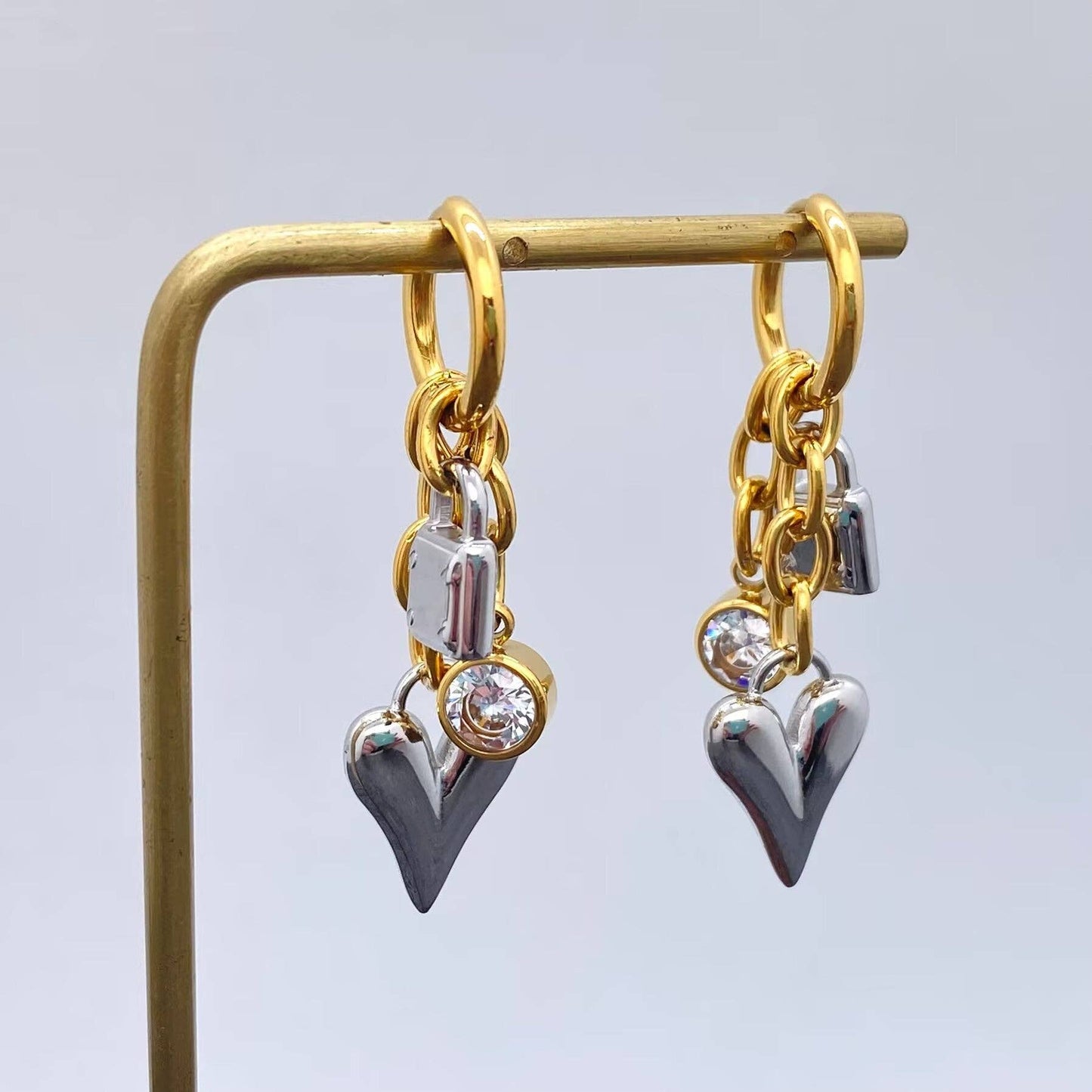 Heart & Lock - Two Tone Earrings (18K Gold)