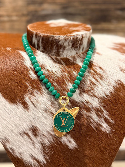 Green + Gold Designer - Glass Bead Charm Necklace