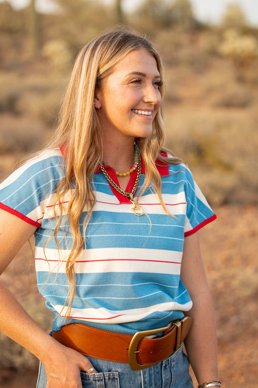 Red & Blue Striped Knit Polo