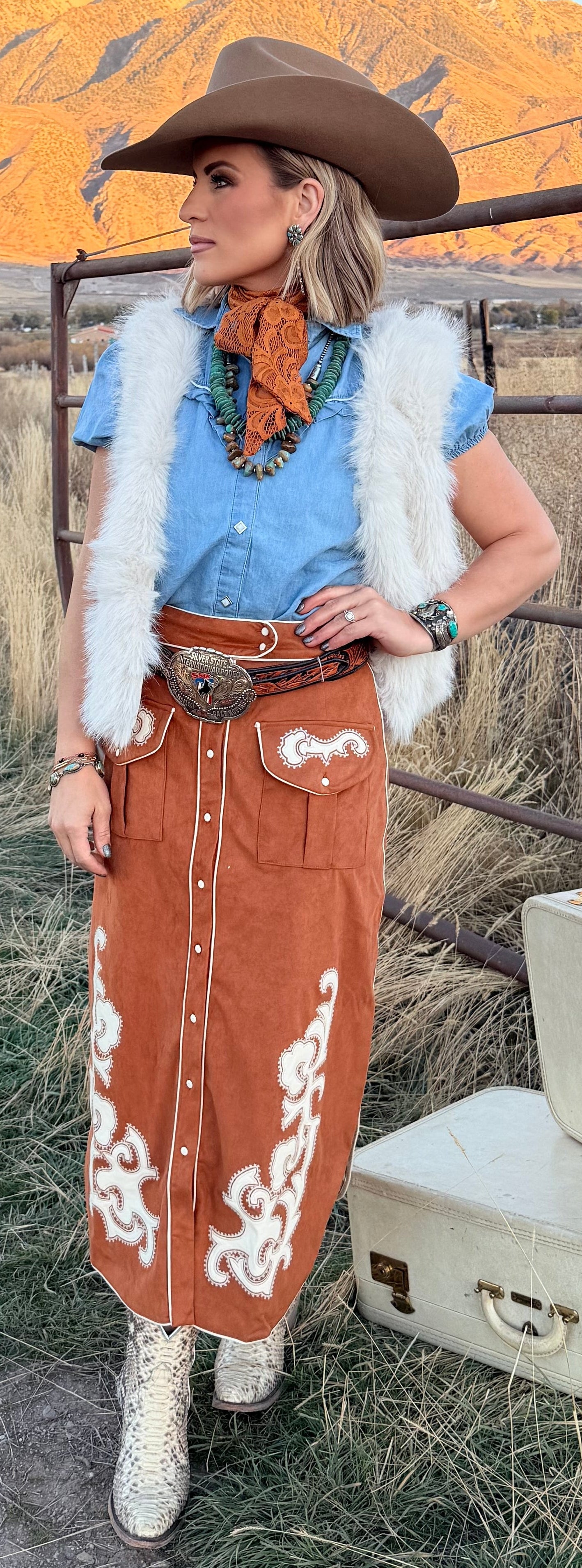 Camel Suede Western Piping Skirt