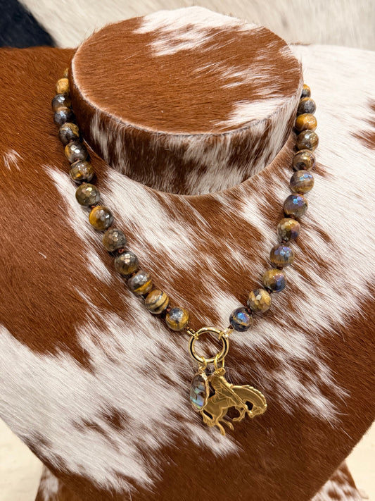 Iridescent Mocha Glass Bead Charm Necklace + Gold Bronc Charm