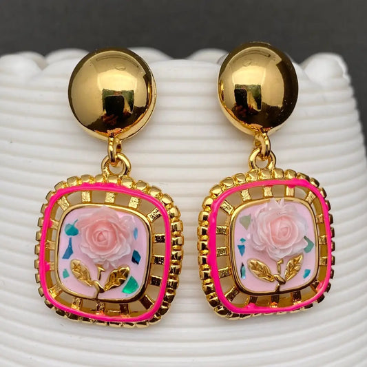 Enamel Flower 18K Gold Plated Stainless Steel Earrings