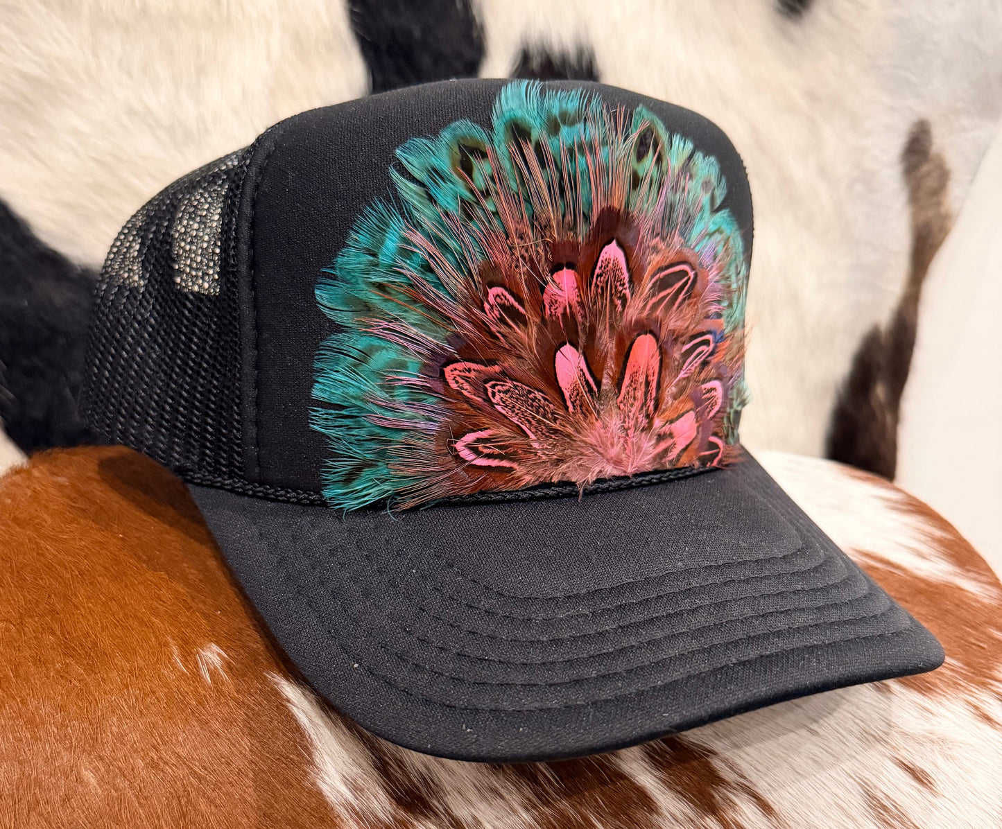 Black / Pink / Teal Feather Hat