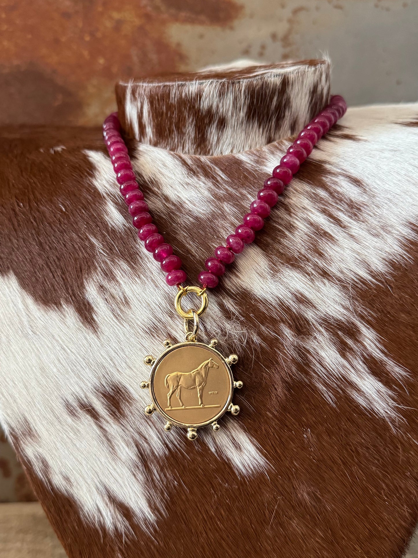 Plum + Gold Horse - Glass Bead Charm Necklace