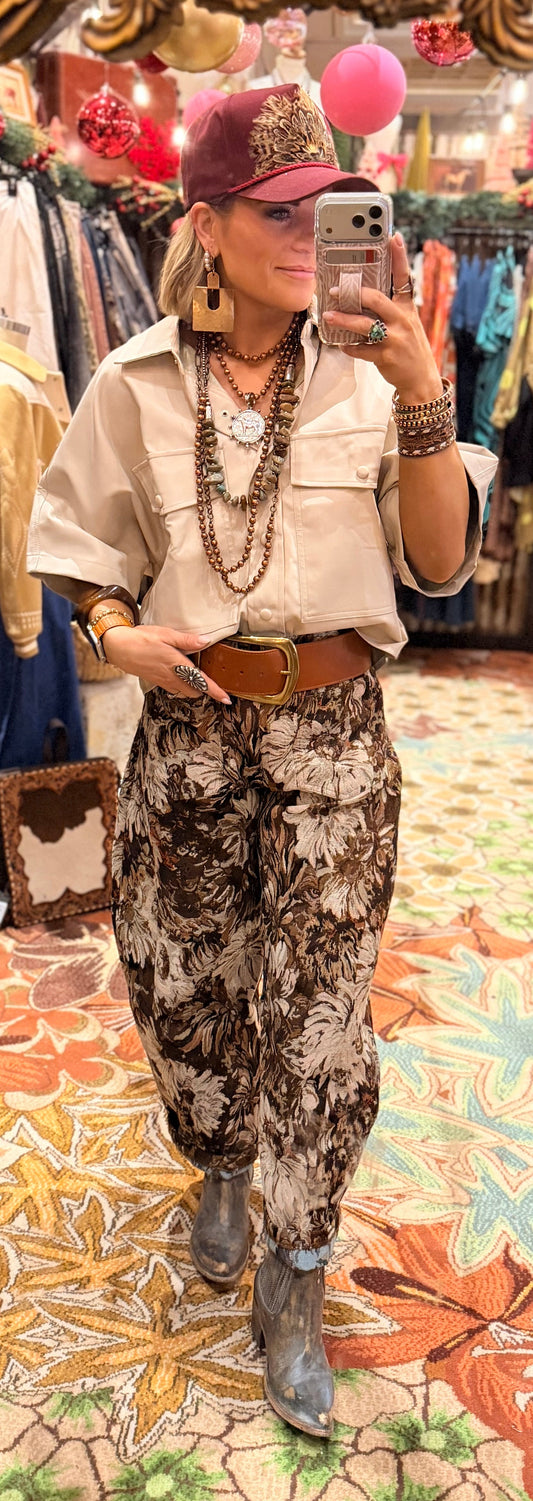 Vintage Floral Tapestry Barrel Jean