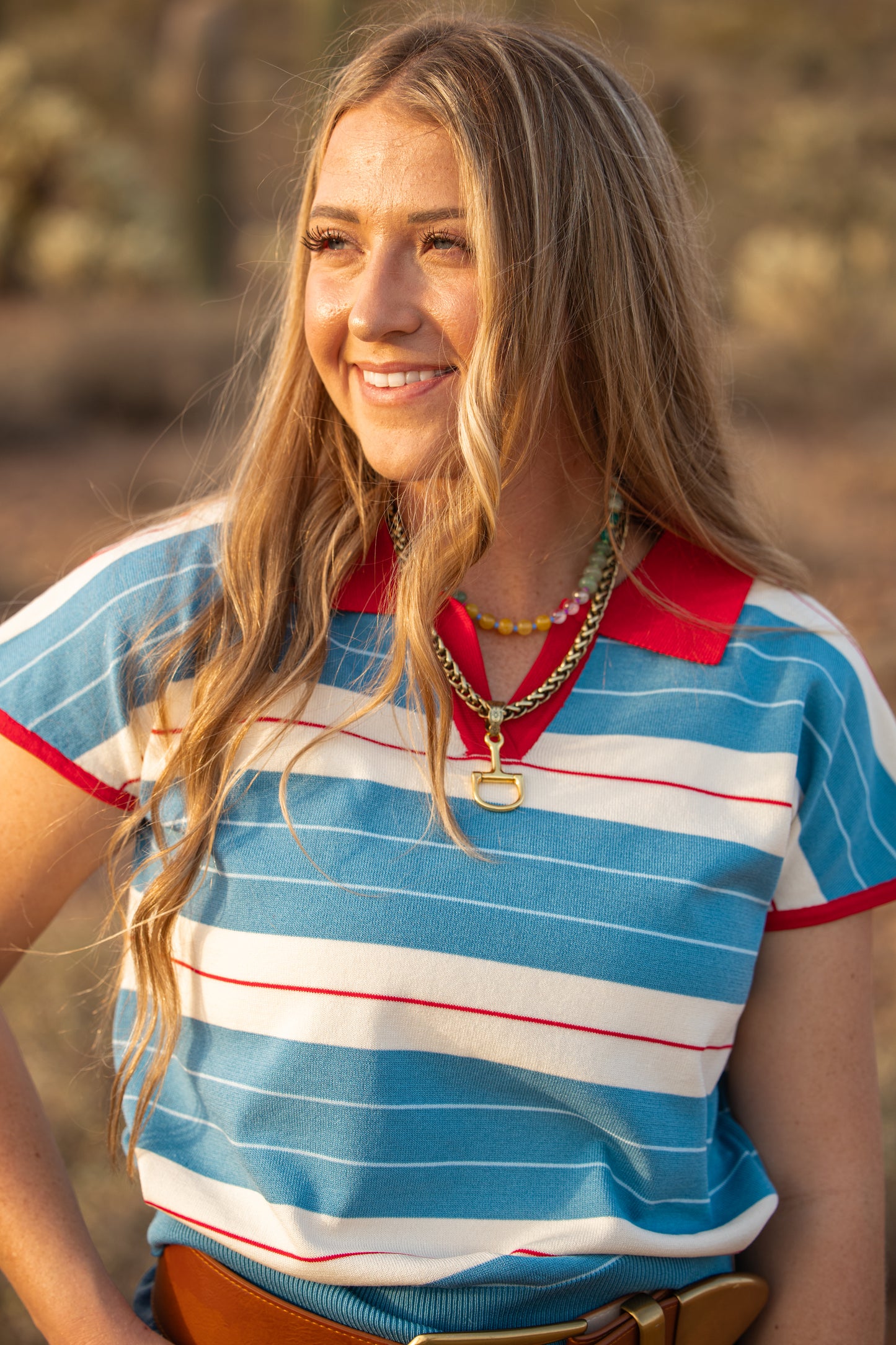Red & Blue Striped Knit Polo