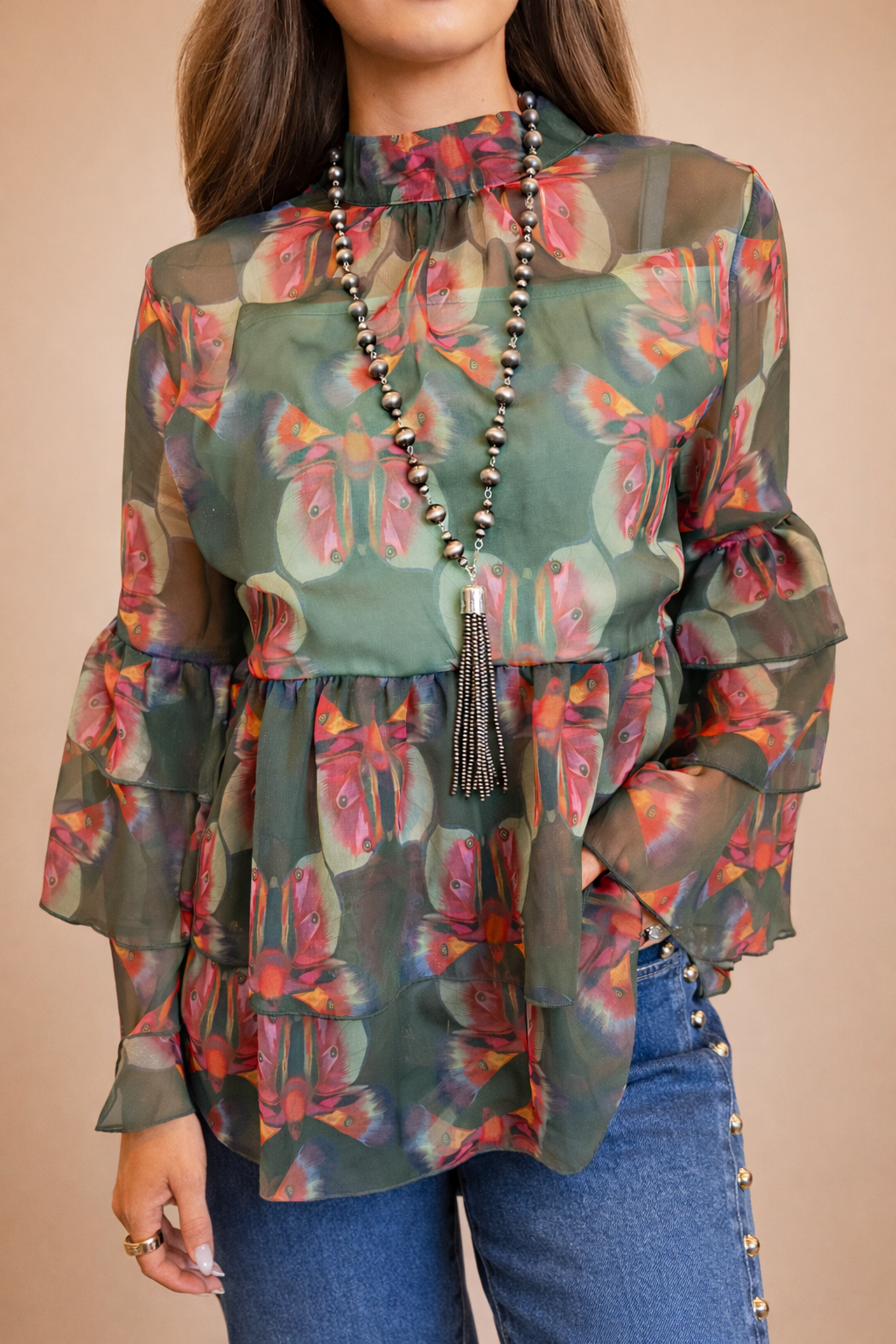 Green Butterfly Ruffle Top