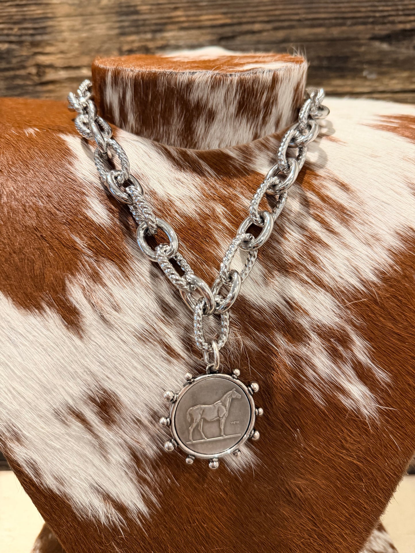 Chunky Silver Horse Pendant Charm Necklace