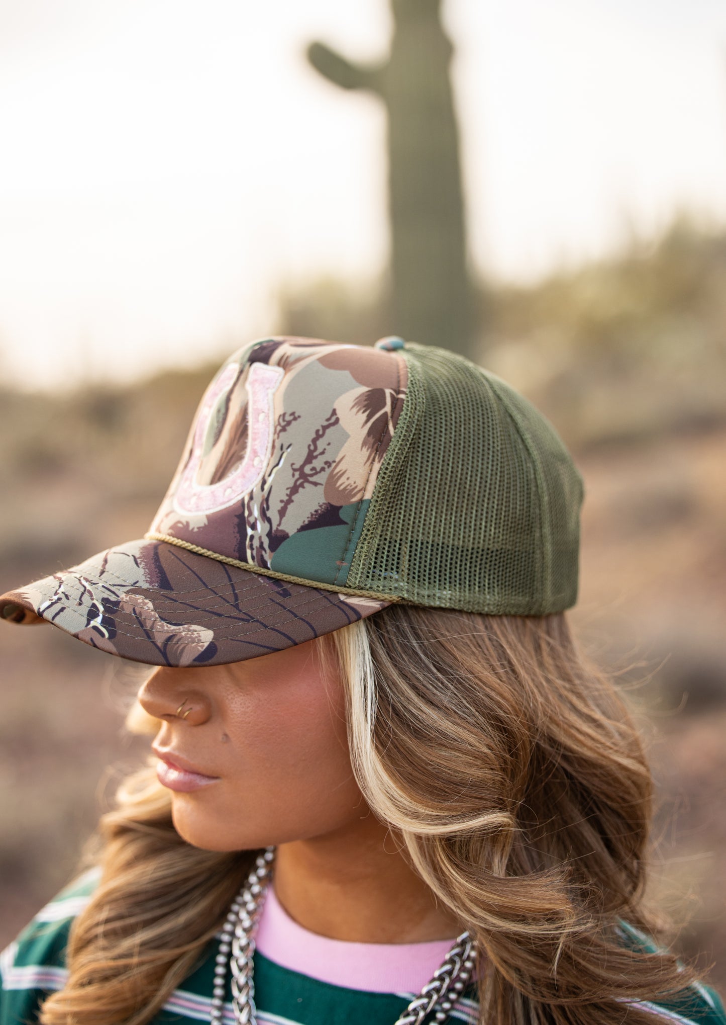 Green Camo Hat w/Pink Horseshoe
