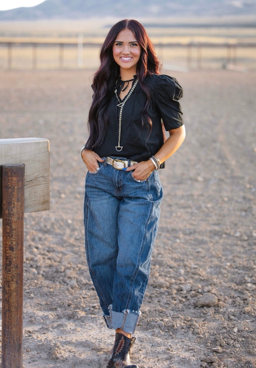 Dark Cuffed Barrel Jean