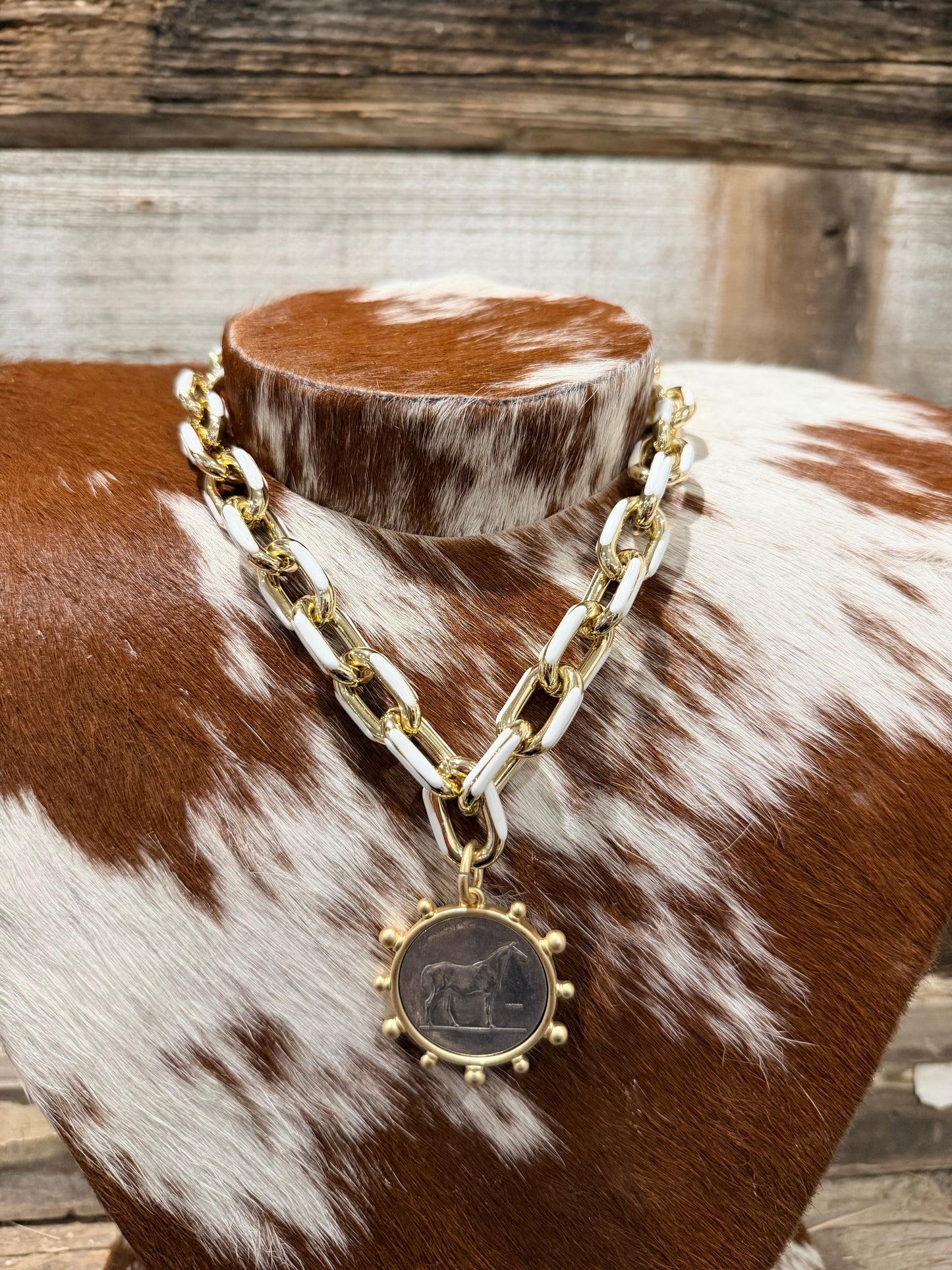 Gold + White Horse Charm Necklace