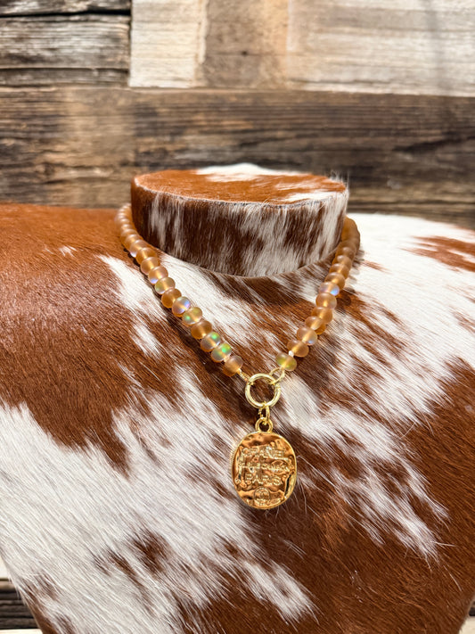 Iridescent Beige + Designer - Glass Bead Charm Necklace