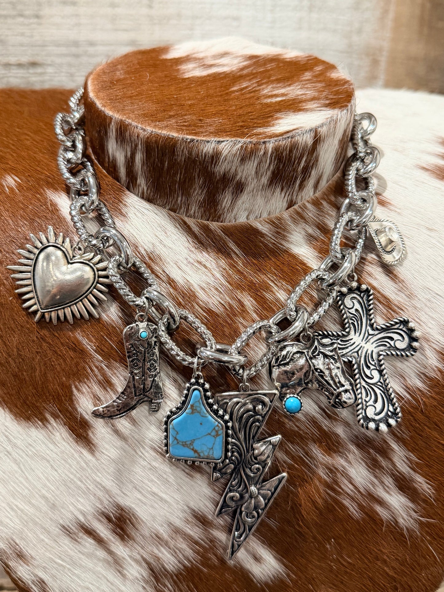 Chunky Silver + Turquoise Charm Necklace