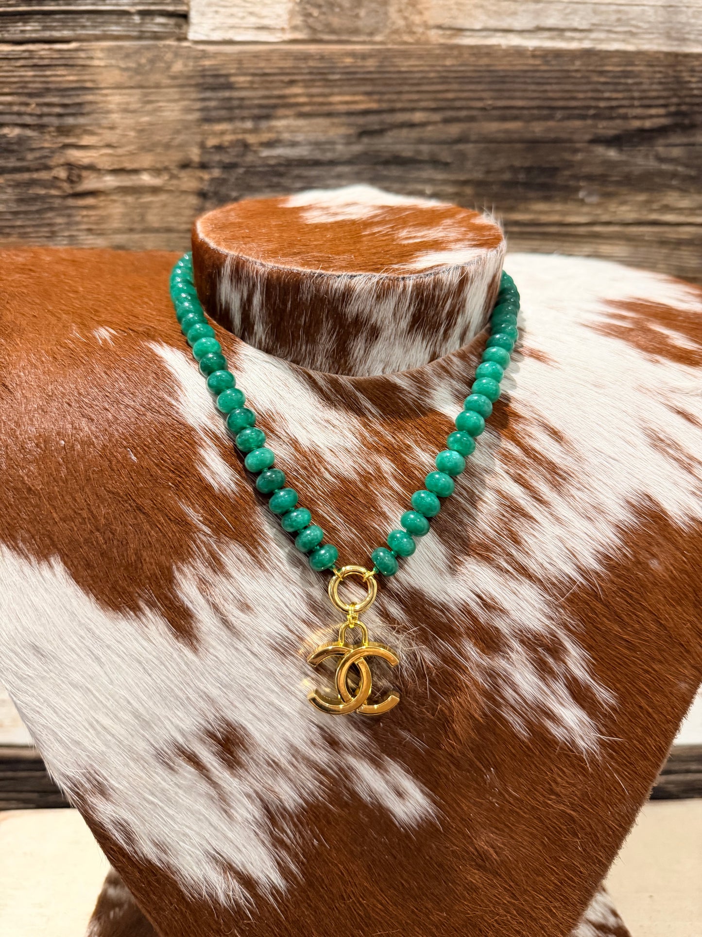 Green + Gold Designer - Glass Bubble Bead Charm Necklace