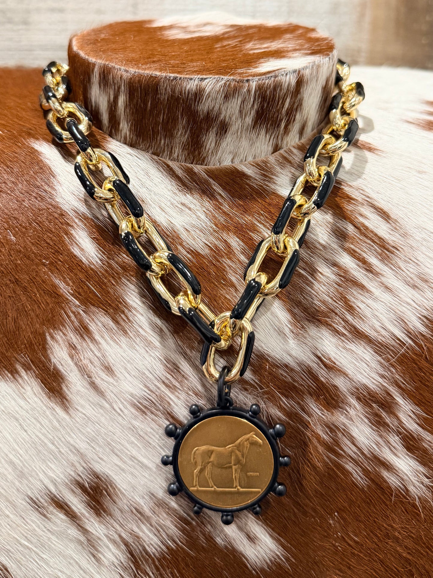 Black + Gold Horse Pendant Charm Necklace
