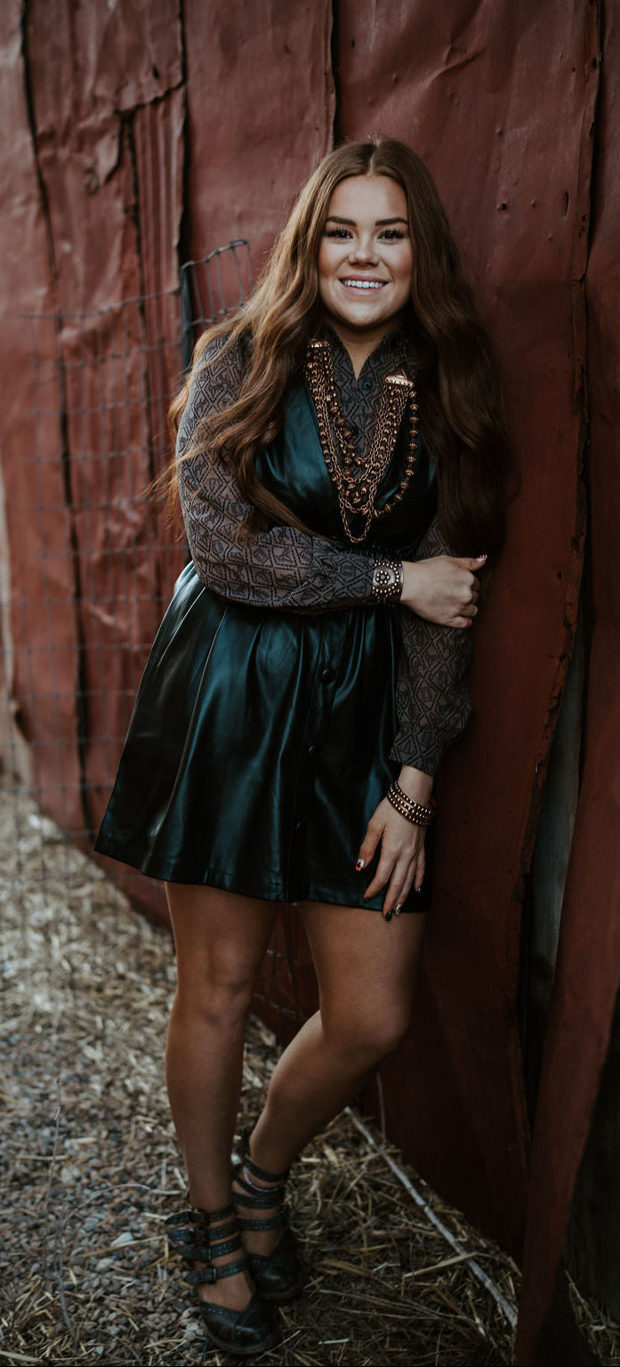 Faux Leather V-neck Dress