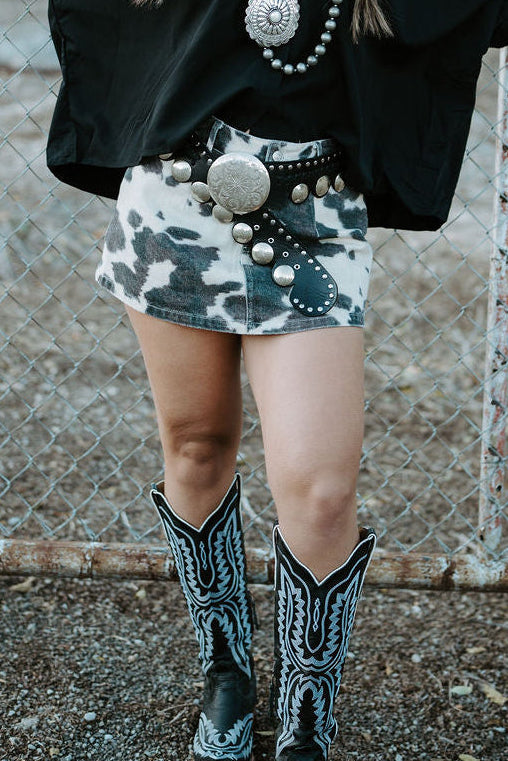 Cow Print Denim Mini Skort