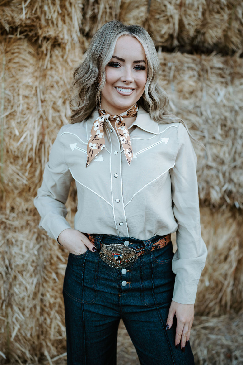 Taupe Button Down Western Top