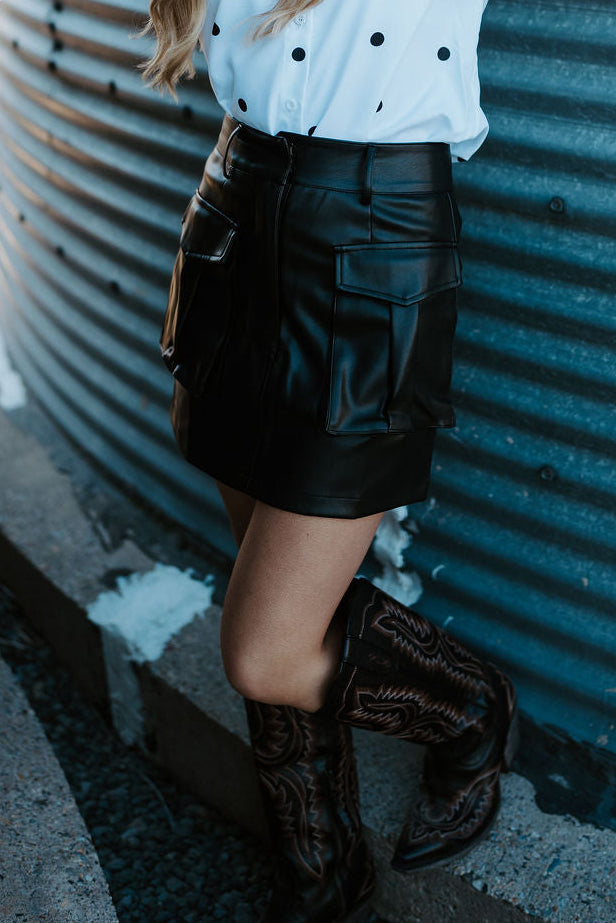 Black Faux Leather Cargo Skirt