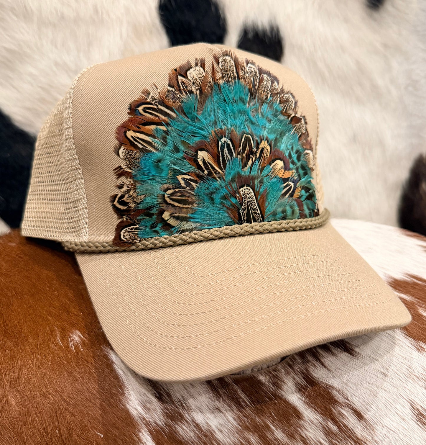 Tan + Teal Feather Hat