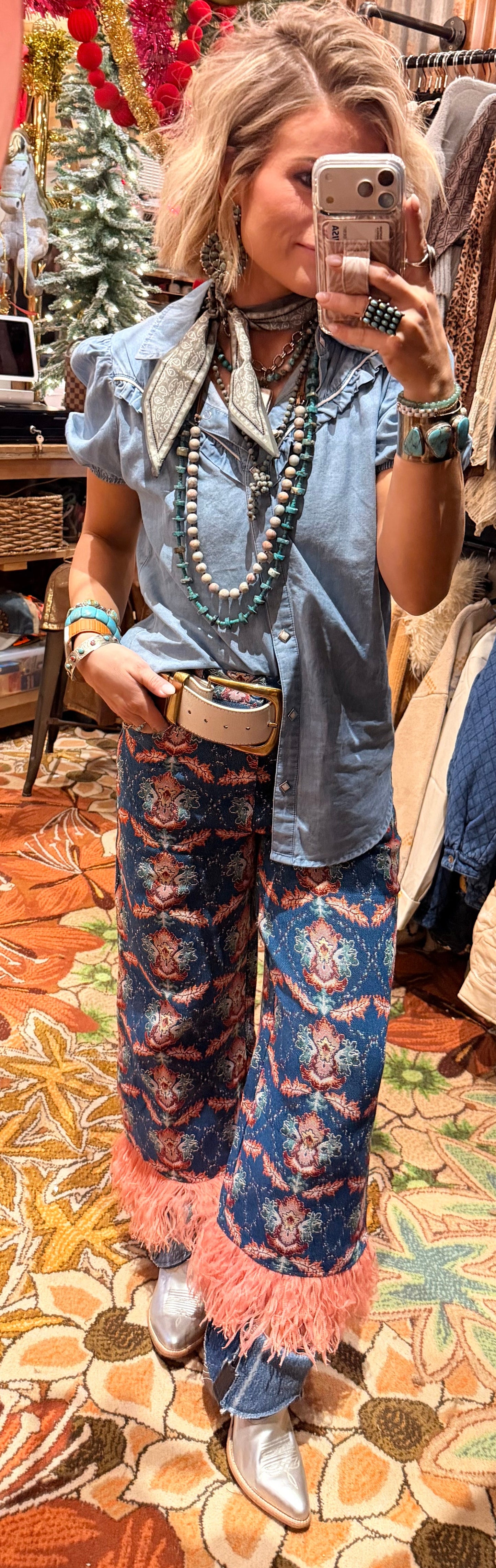 Jacquard Pink Fringe Pants