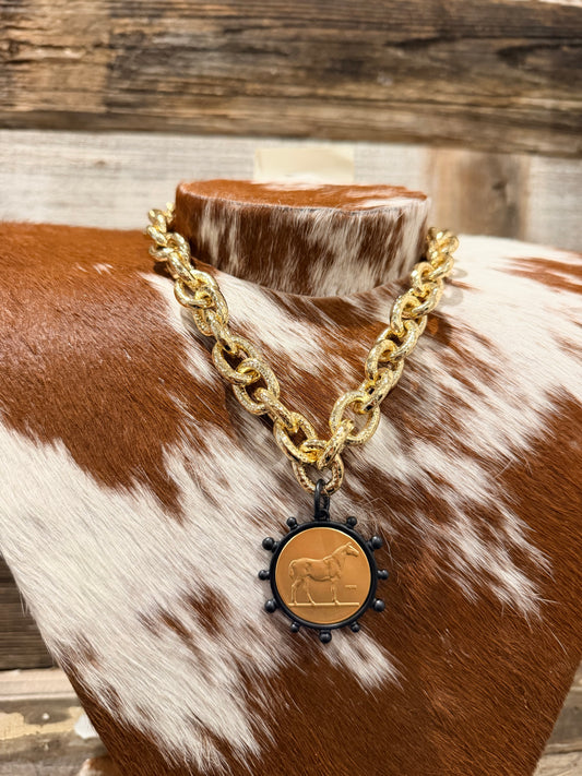 Gold + Black Matte Horse Pendant Charm Necklace