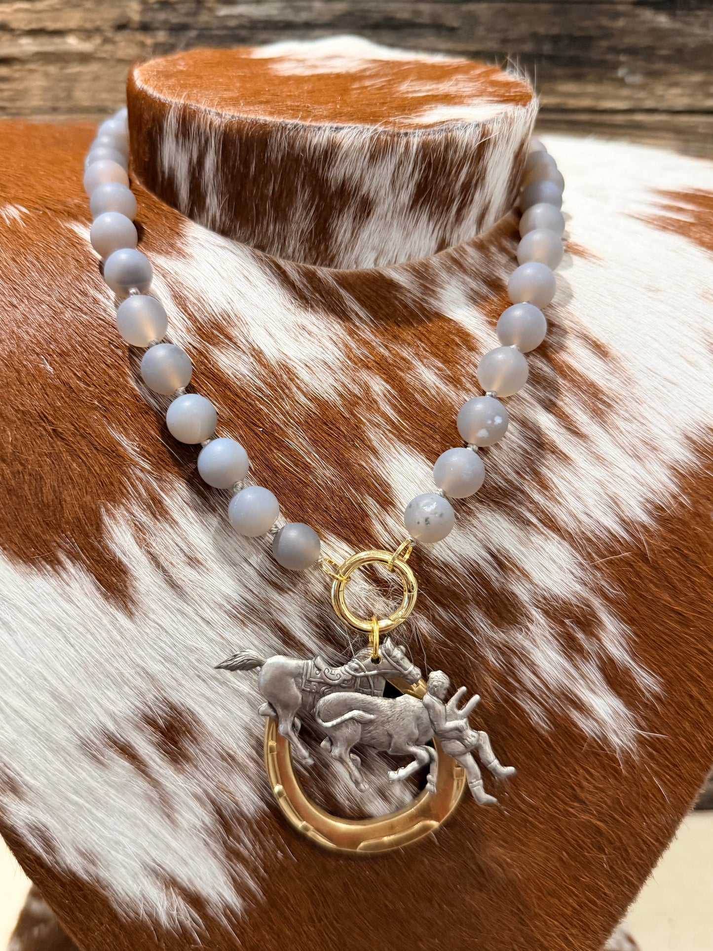 Matte Grey + Mixed Metal - Glass Bead Charm Necklace