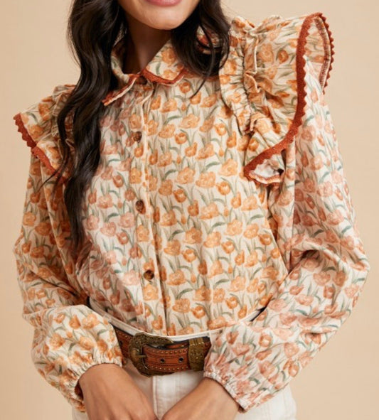 Floral Print Corduroy Ruffled Shoulder Blouse