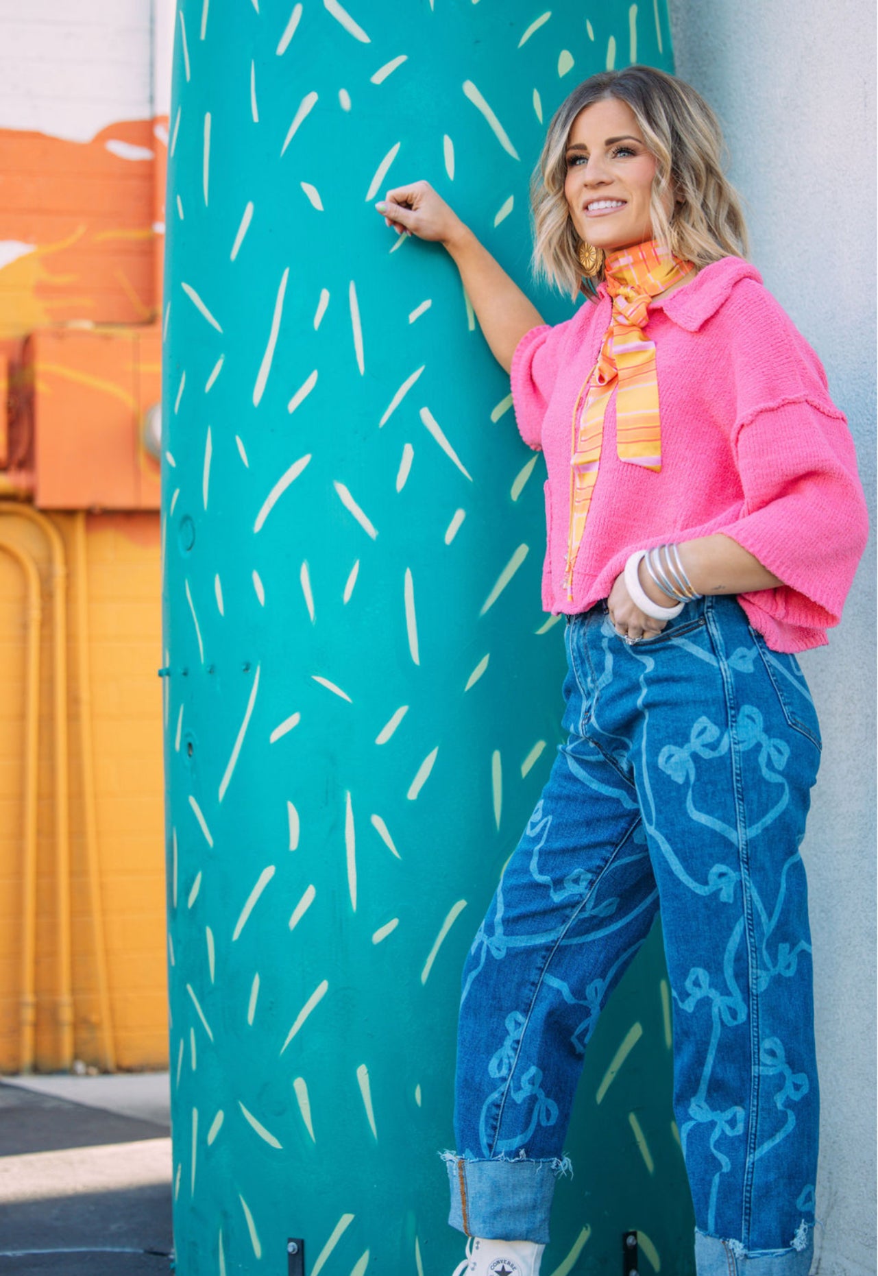 Bow Print Straight Leg Denim