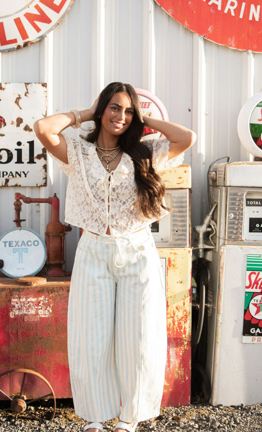 Baby Blue Pin Striped Barrel Jeans