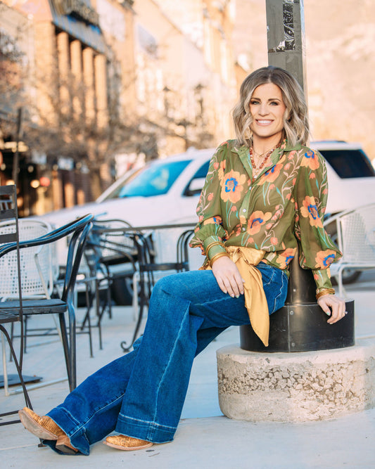 Olive Green Floral Button Down Top