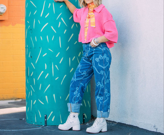 Bow Print Straight Leg Denim