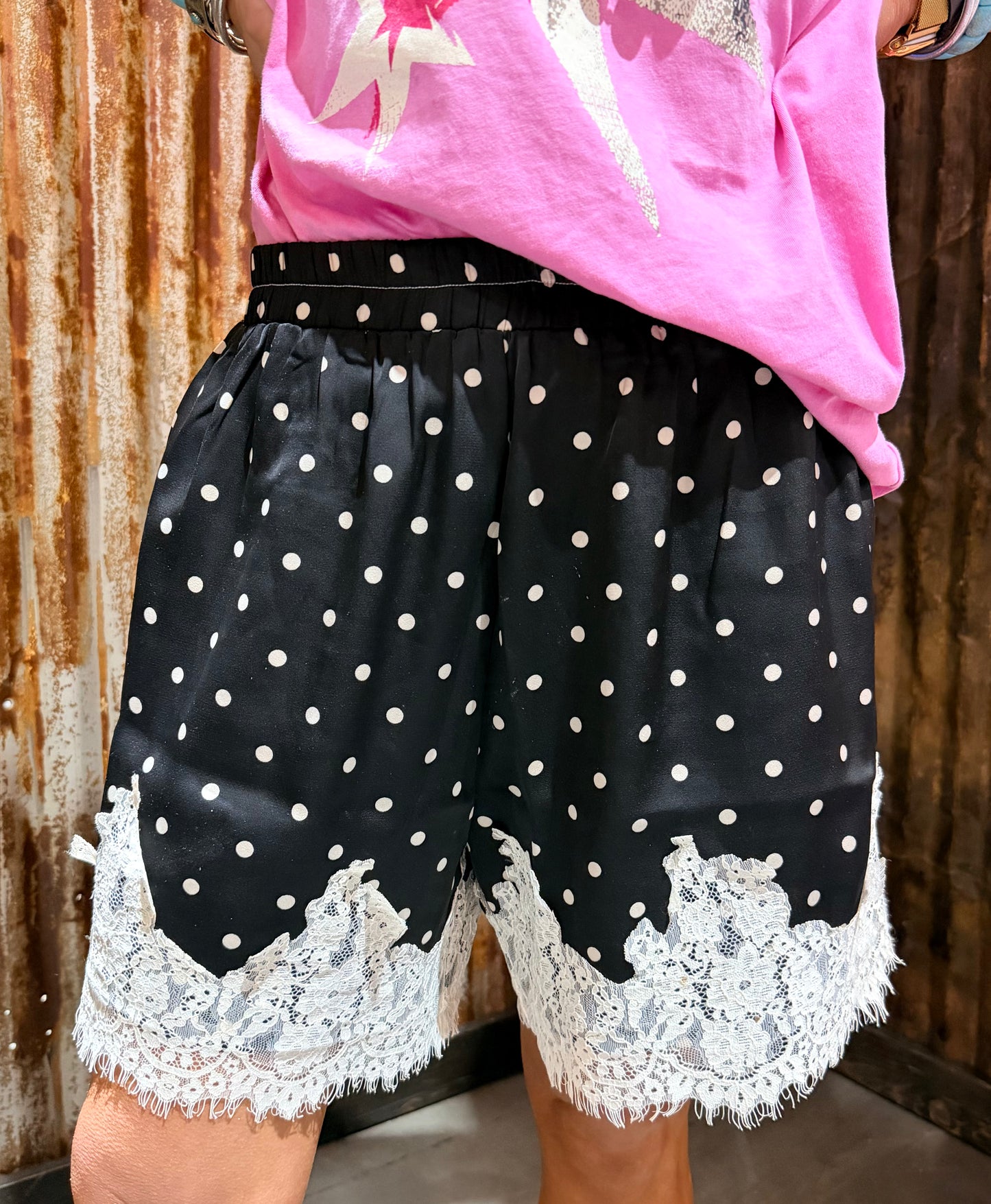 Black + White Polka Dot Lace Shorts