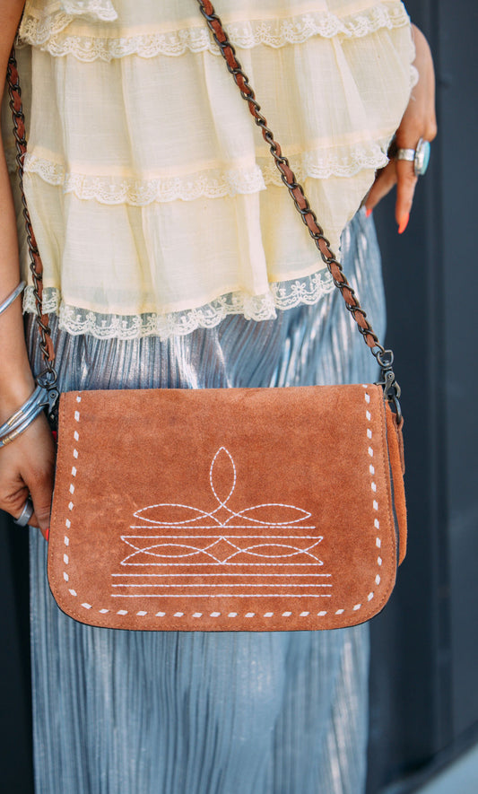 Genuine Suede Boot Stitch Rust Crossbody Bag