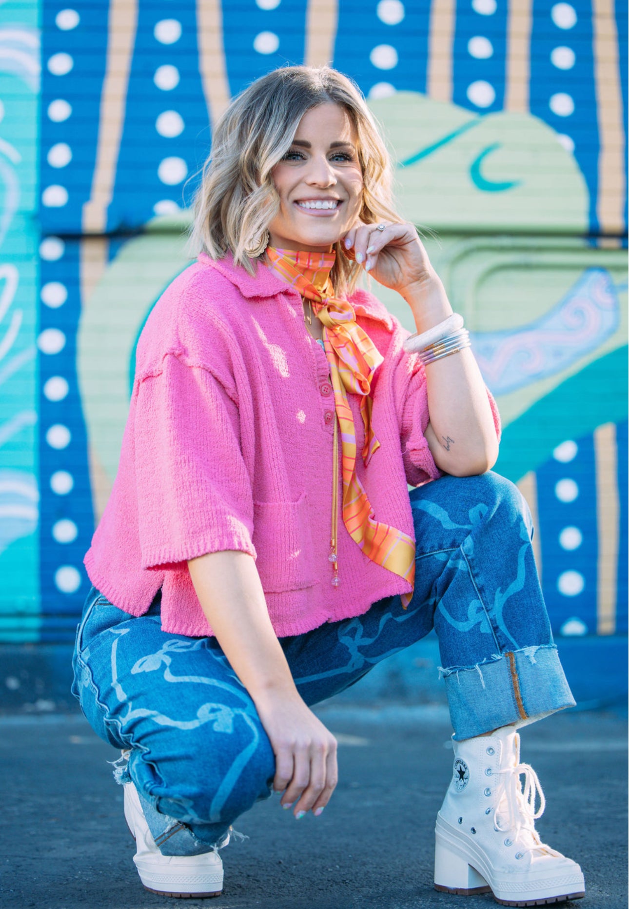 Bow Print Straight Leg Denim