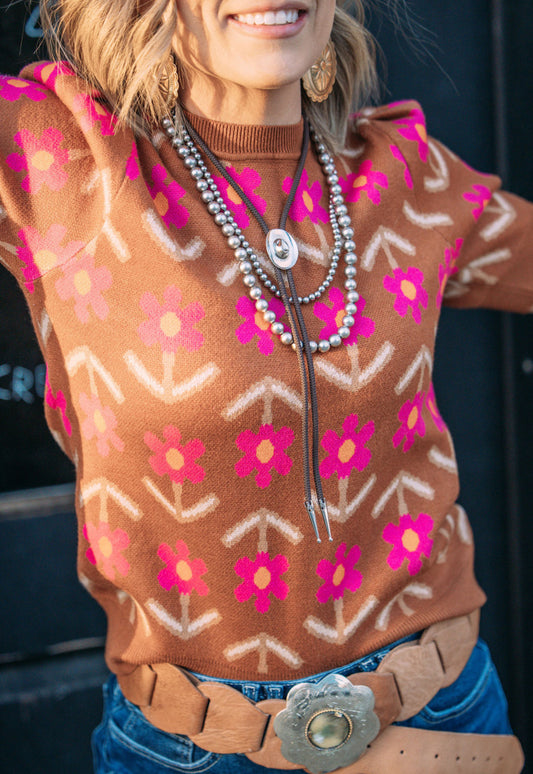 Mocha Floral Sweater Top