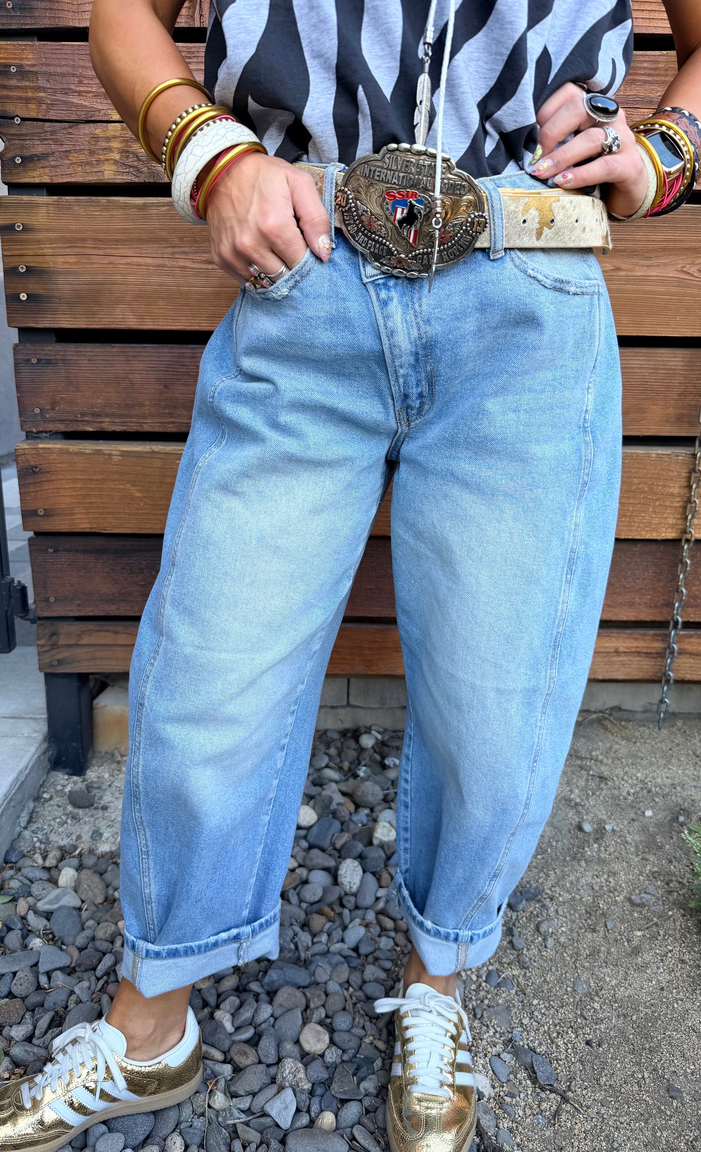 Criss Cross Denim Barrel Jean