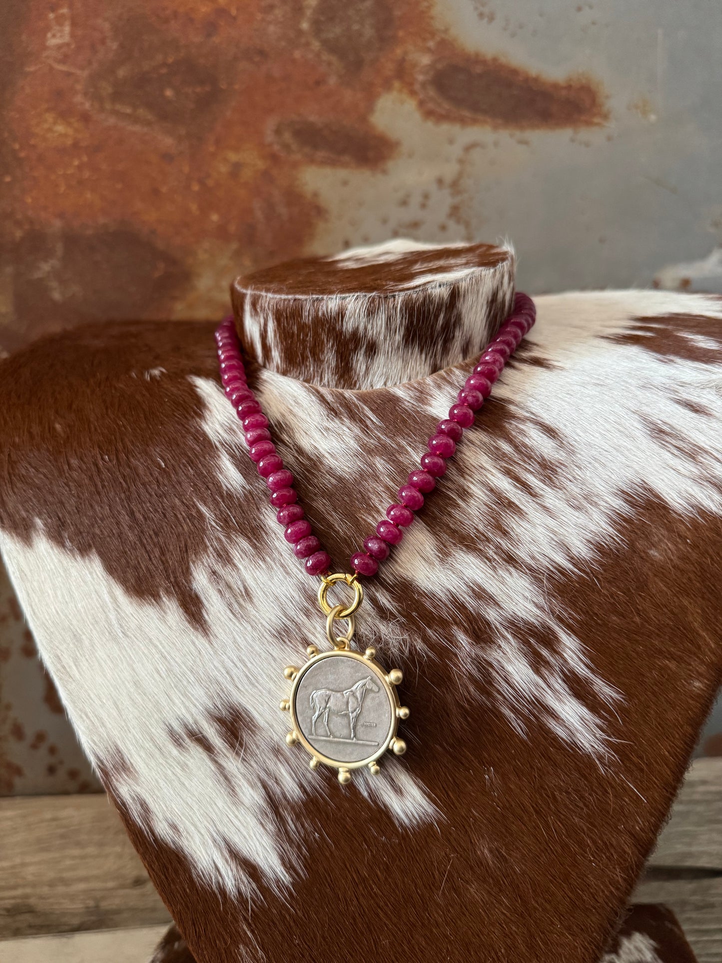 Plum + Mixed Metal Horse - Glass Bead Charm Necklace