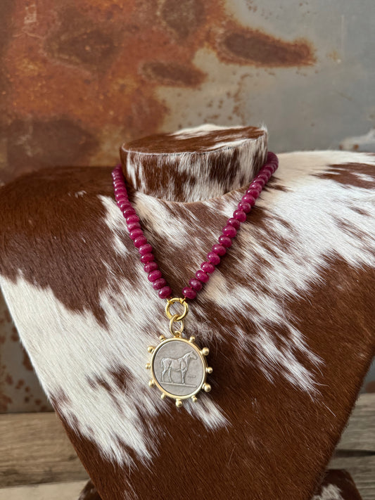 Plum + Mixed Metal Horse - Glass Bead Charm Necklace
