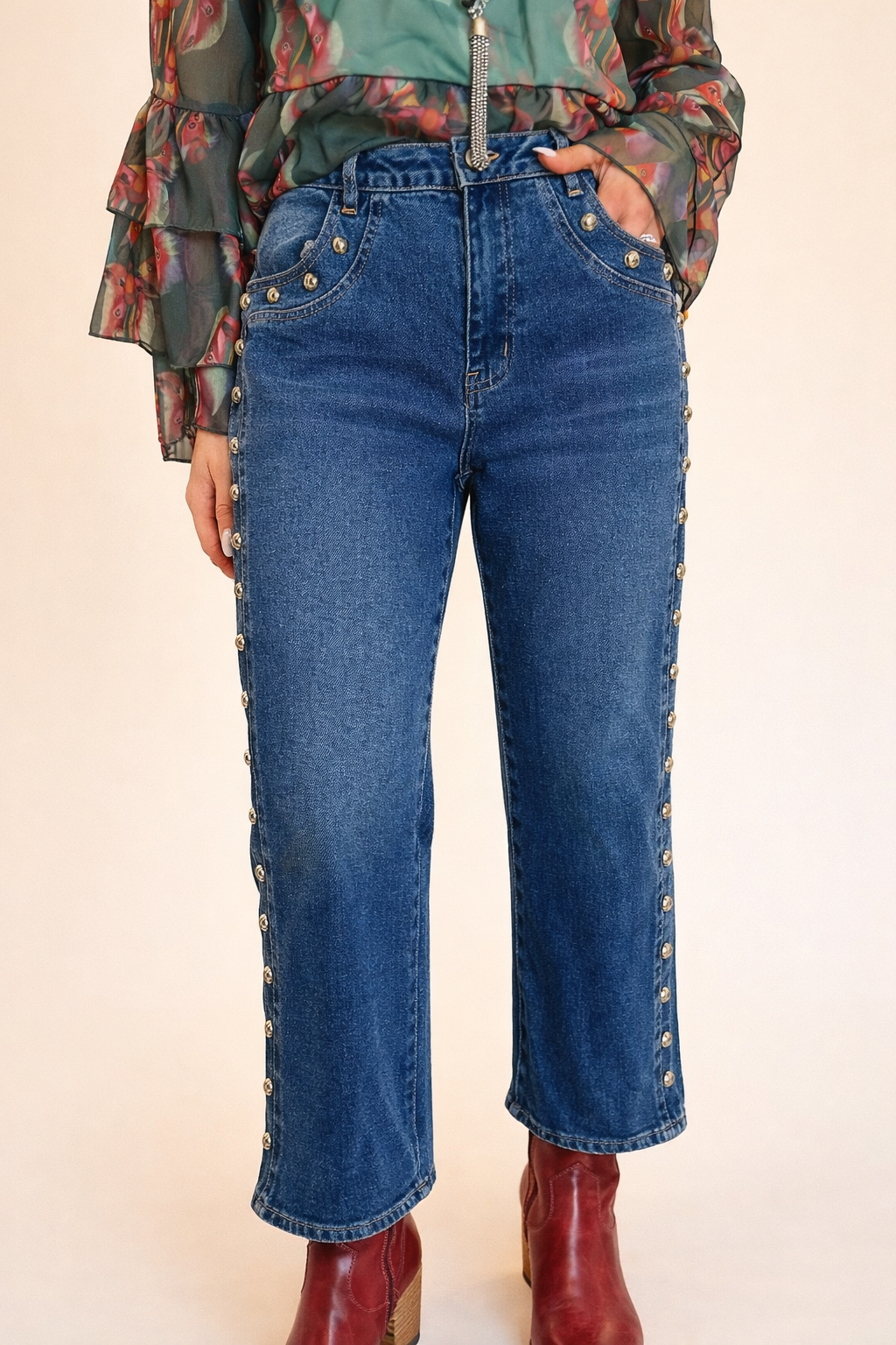 Metal Studded High Rise Jean